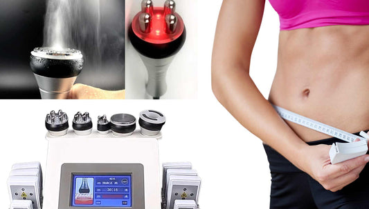 Cavitation and radio frequency handles, slim woman with tape measure 