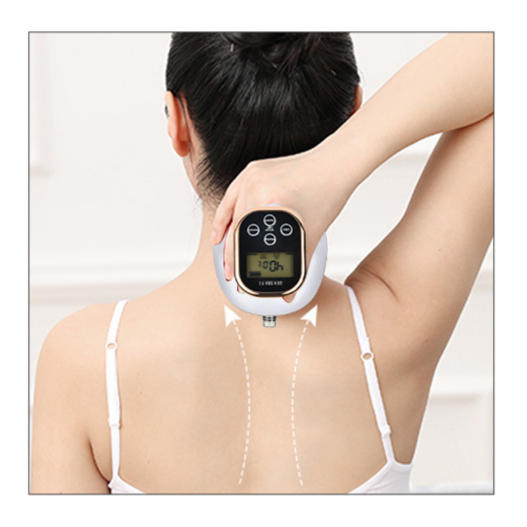 Woman holding cupping Therapy Massager on back on neck