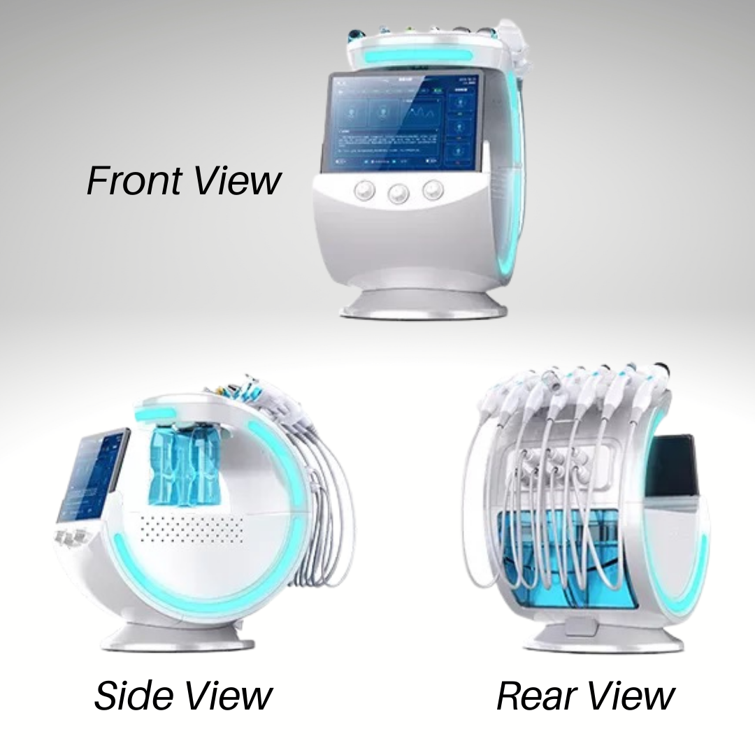 Front, Side, and Rear View of 7 in 1 Ice Blue Skin Analysis Hydrafacial Machine 