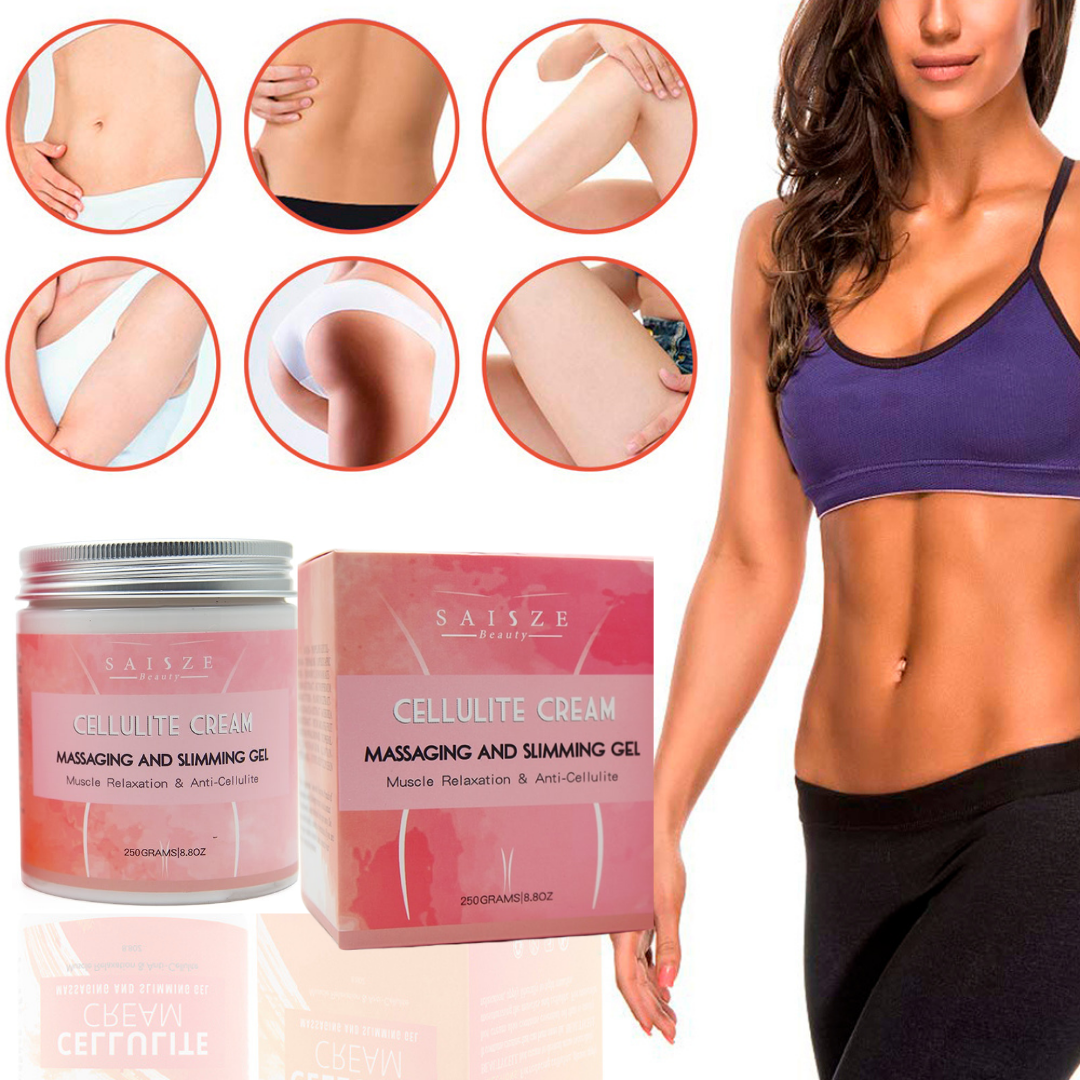 jar of cellulite cream and retail box, different body areas, slimming model