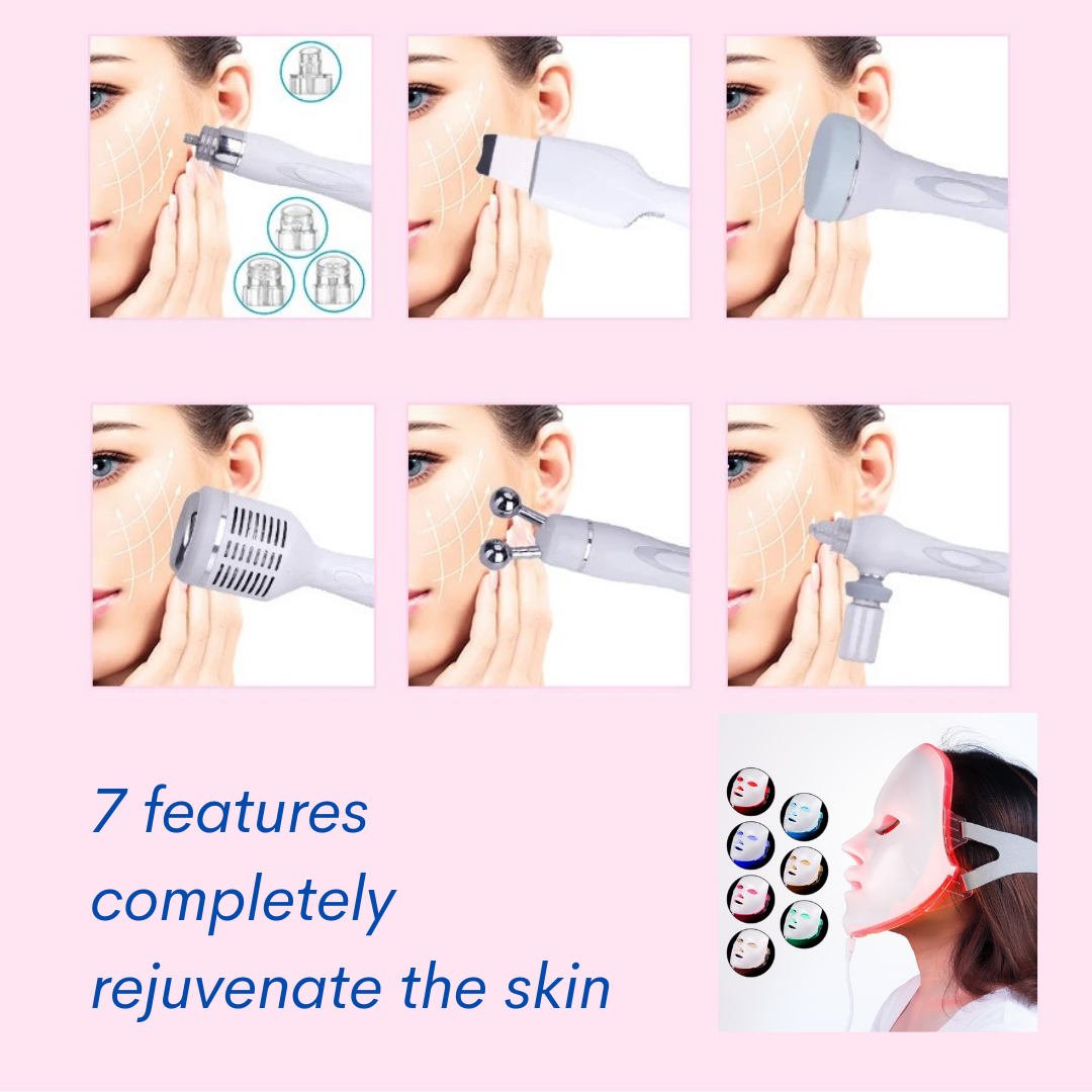Seven Features of Hydra Facial Machine, Different Probes and LED Light Mask are used on the Face to Rejuvenate Skin