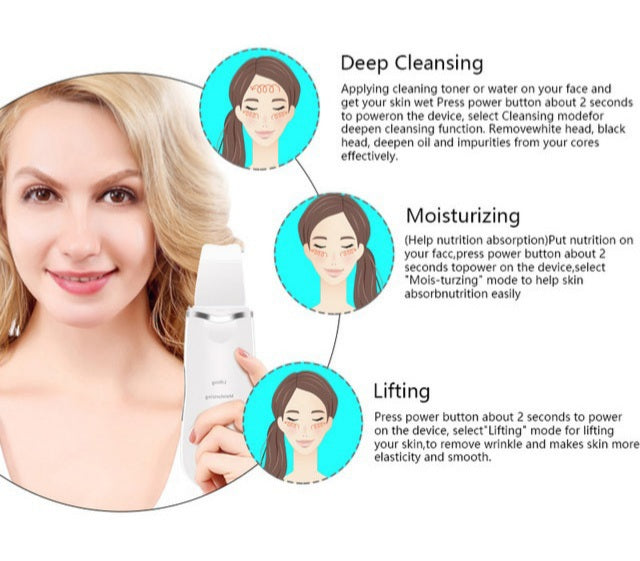 Ultrasonic Skin Scrubber Facial Device Functions