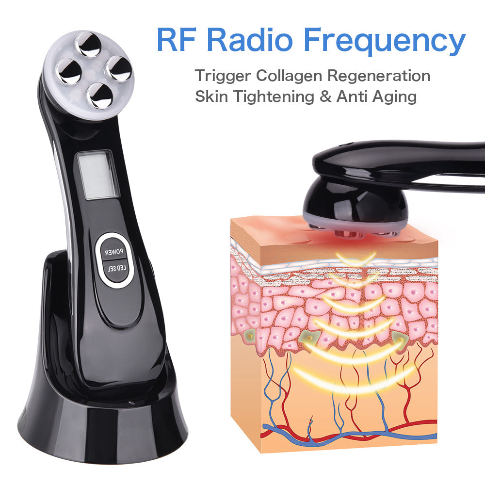 RF Radio Frequency Facial Device, Black, application to skin | trigger collagen 