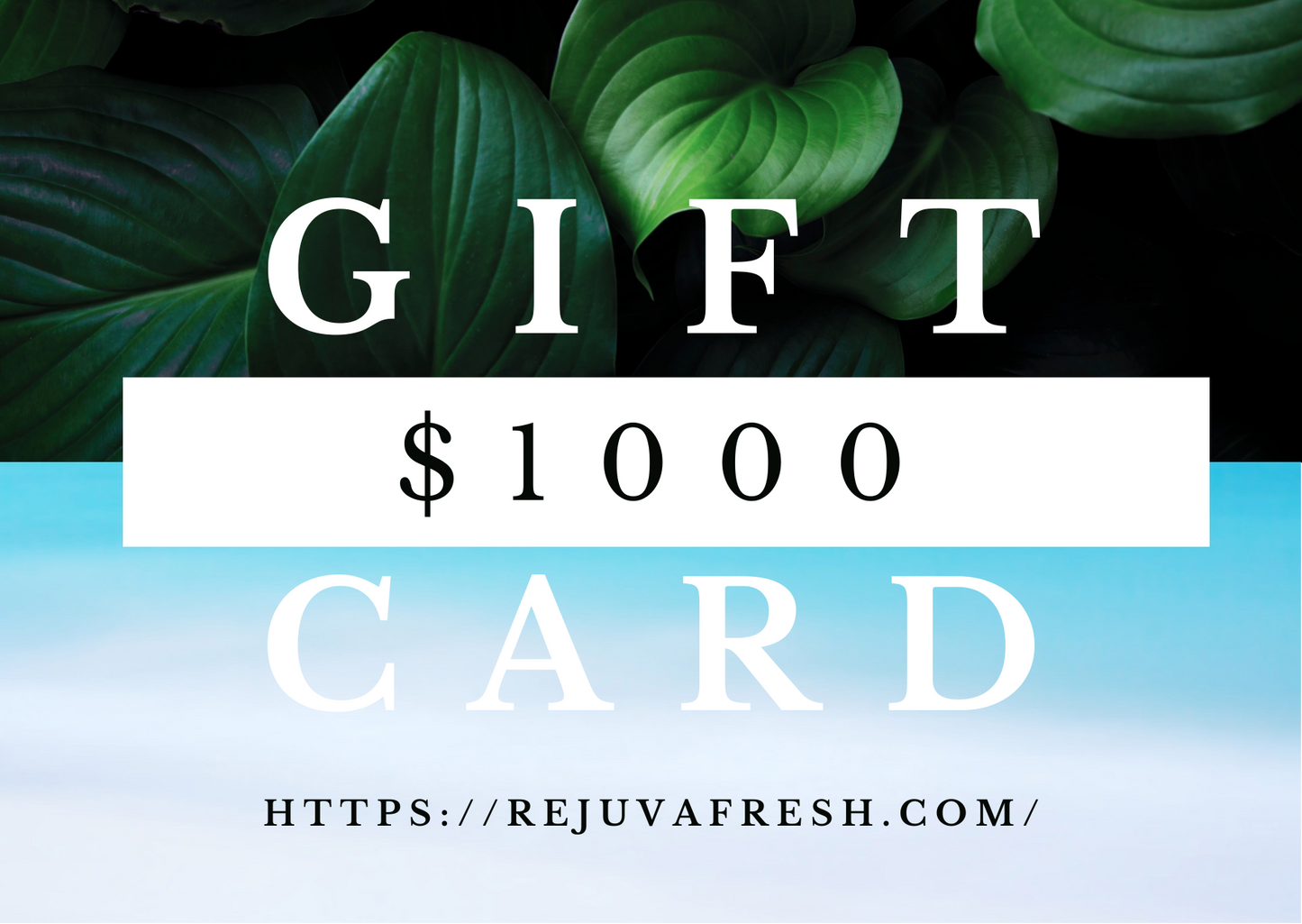 One thousand dollars Gift Card for Rejuva Fresh website, green leaves, blue water