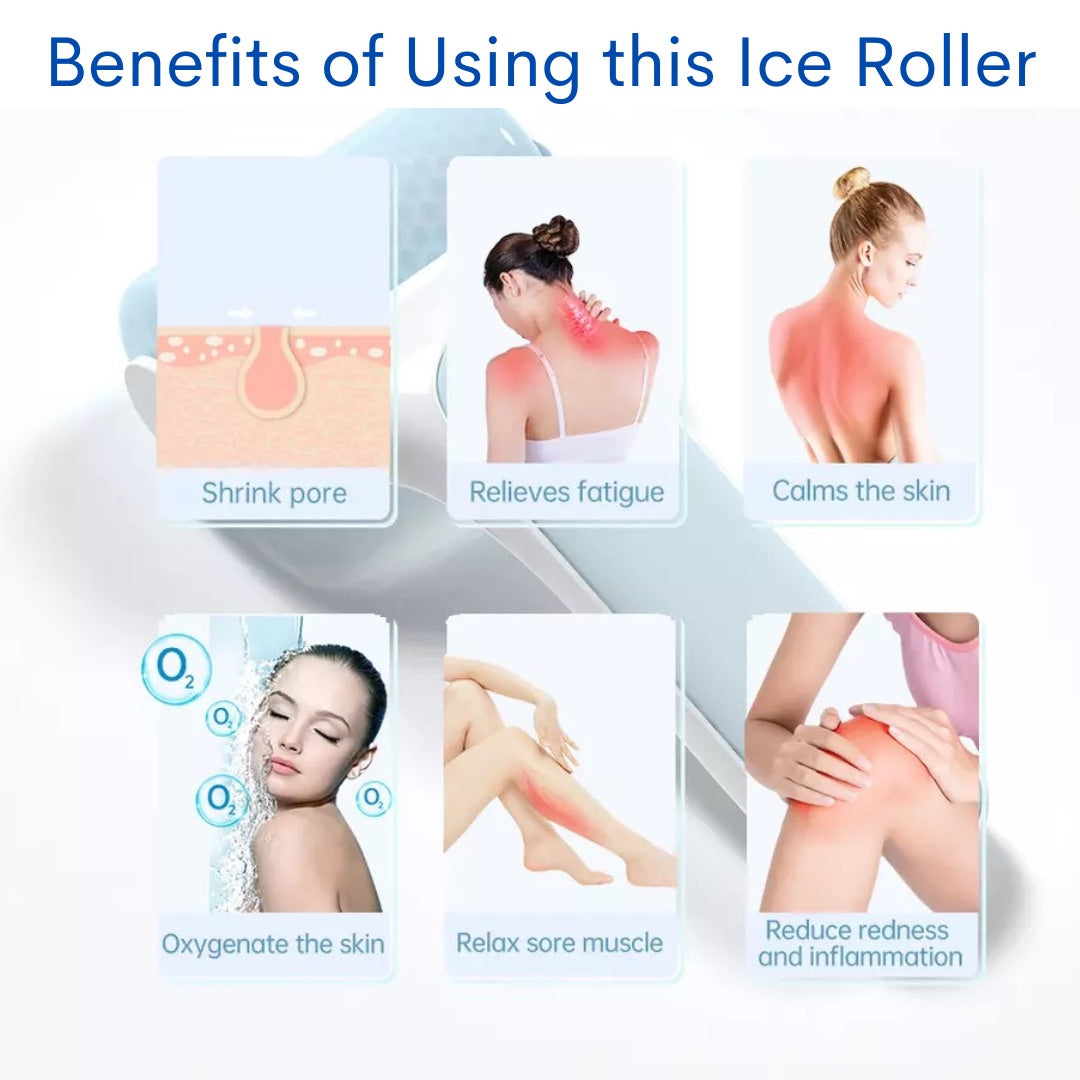 Benefits of using Ice Roller, Shrink Pores Relieve Fatigue, calm skin, oxygenate skin, relax sore musc, reduce redness and  inflammation 
