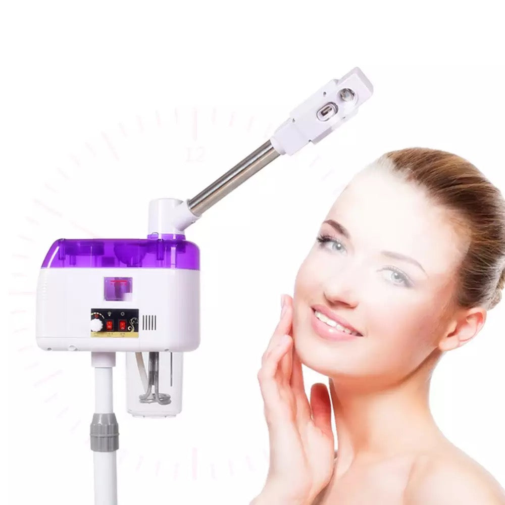 Woman touches face and smiles, professional steamer machine
