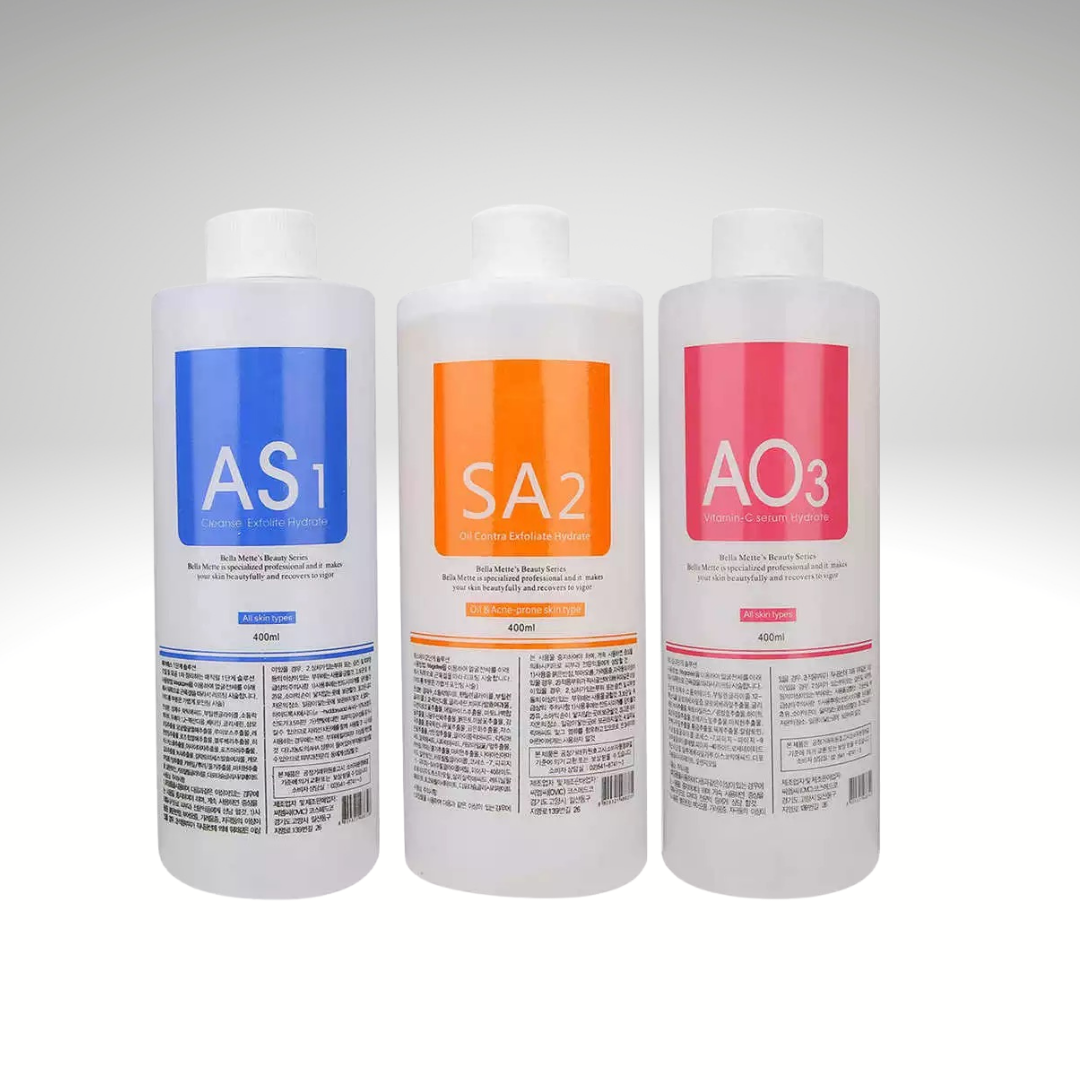 Three 400ml bottles of professional hydrafacial solution, super AO3, SA2, AS1 