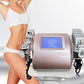 Rose Gold 6 in 1 Lipo Cavitation Machine sits on stand.  Slim beautiful woman’s body in white bikini set