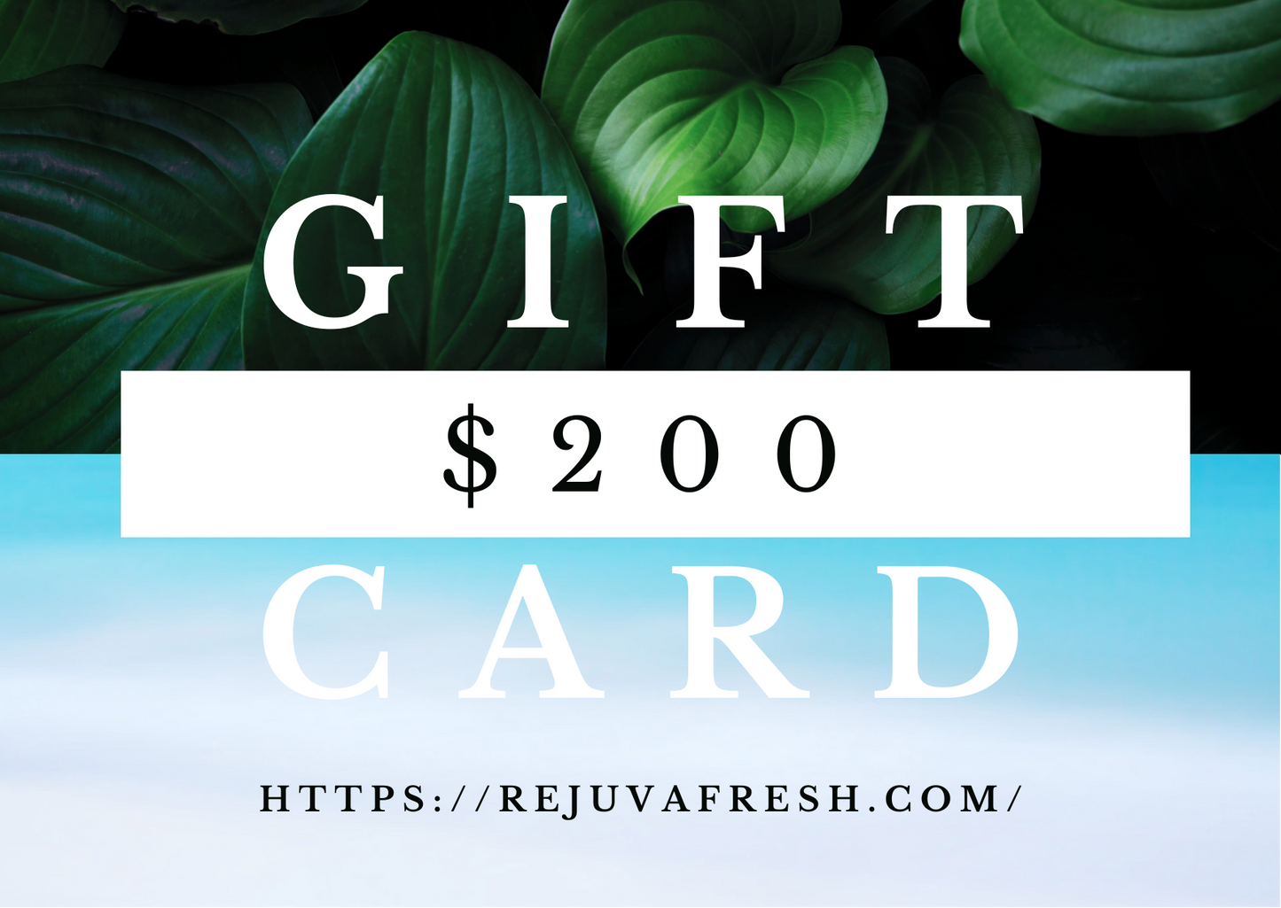 Two hundred dollars Gift Card for Rejuva Fresh website, green leaves, blue water