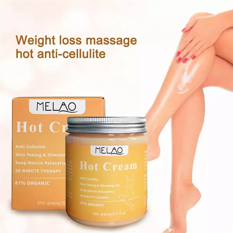 Jar and Box of Melao Hot Cream for Weight Loss Massage, cream is massages onto lower legs