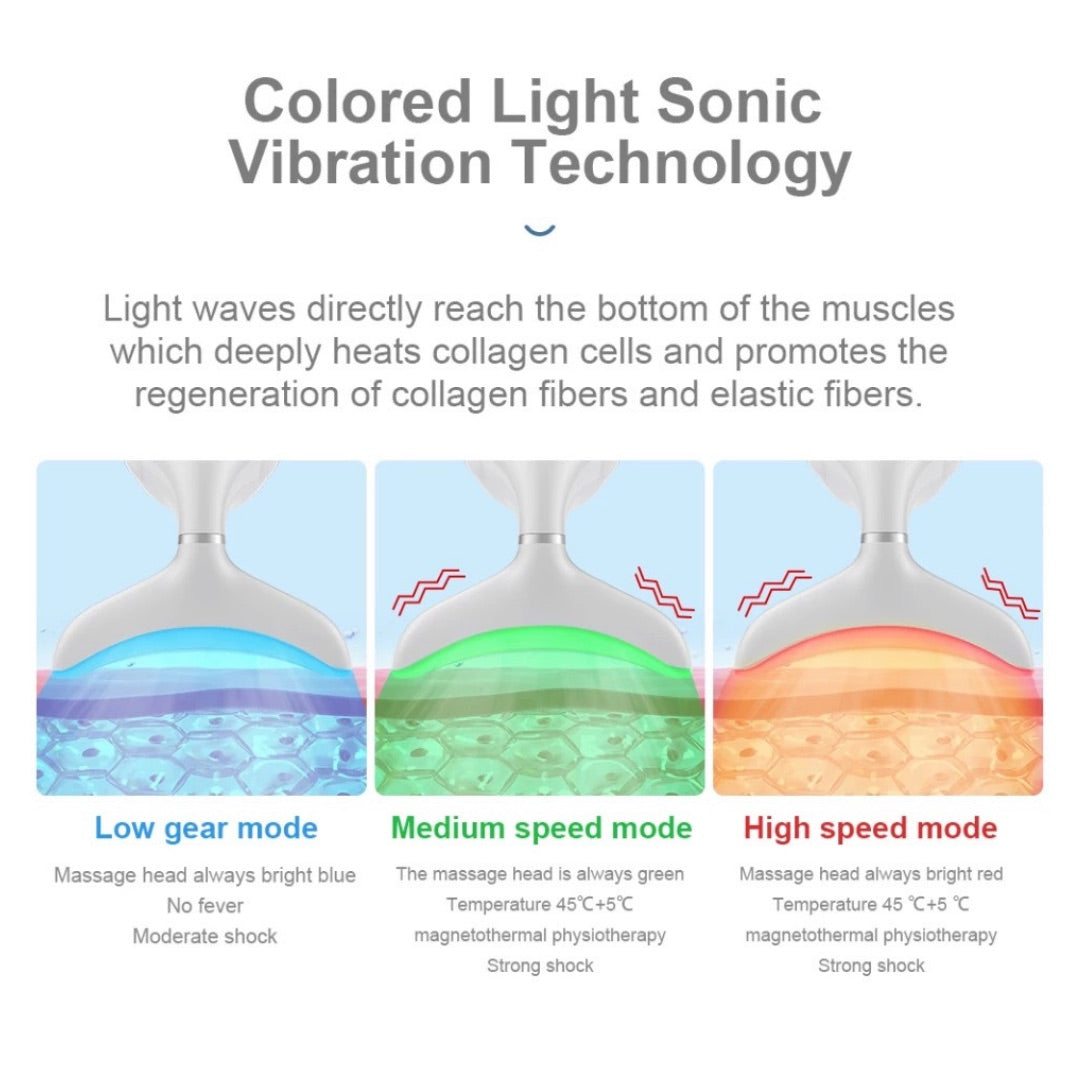 Sonic Vibration and Blue, green and Orange colored LED lights  of Neck massager beauty Device applied to skin