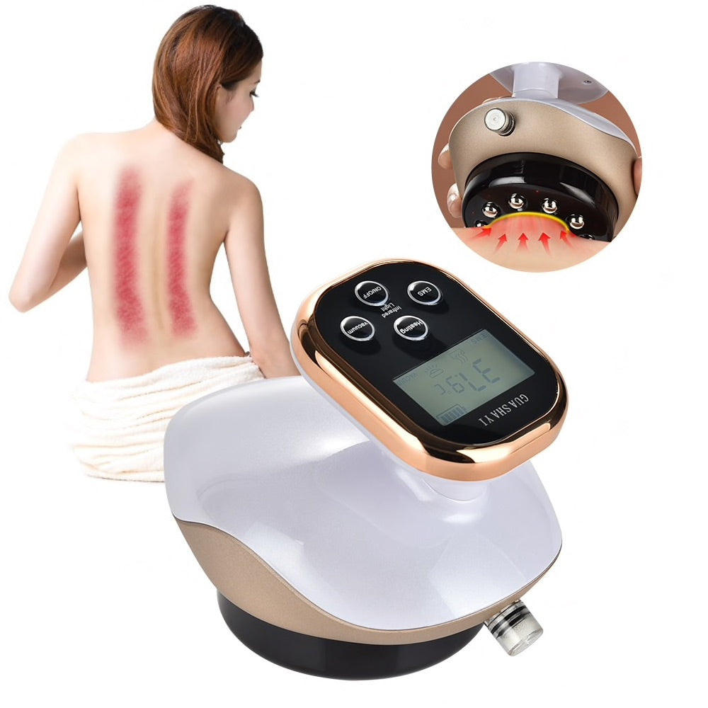 White Cupping Therapy Body Massager, Woman Sitting With Heat marks on Back