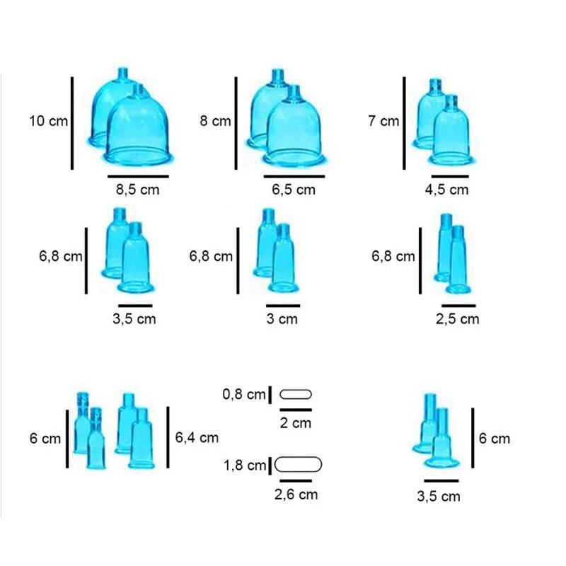 Dimensions of Blue Cupping Cups for use with Vacuum Therapy Machine 