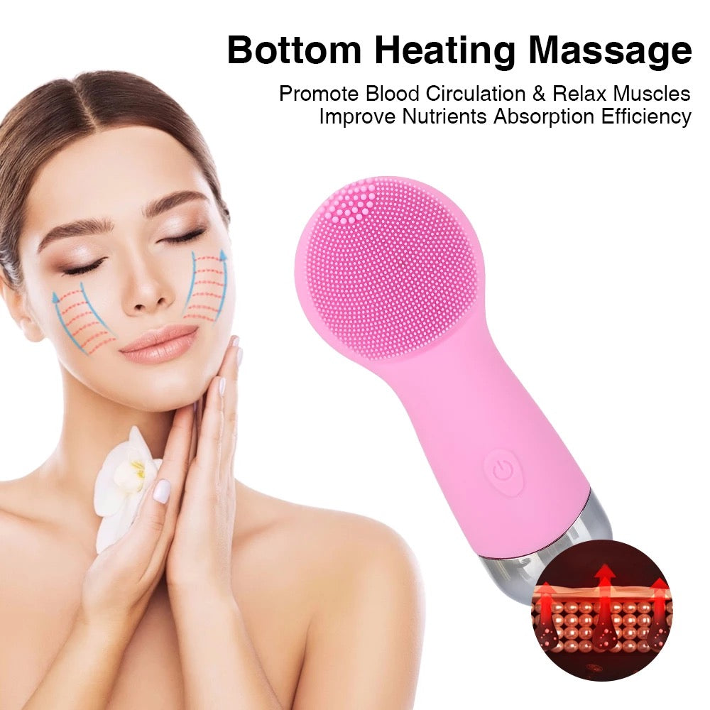 Woman holding white lily and Bottom Heating Massage of Pink Sonic Facial Cleansing Brush 