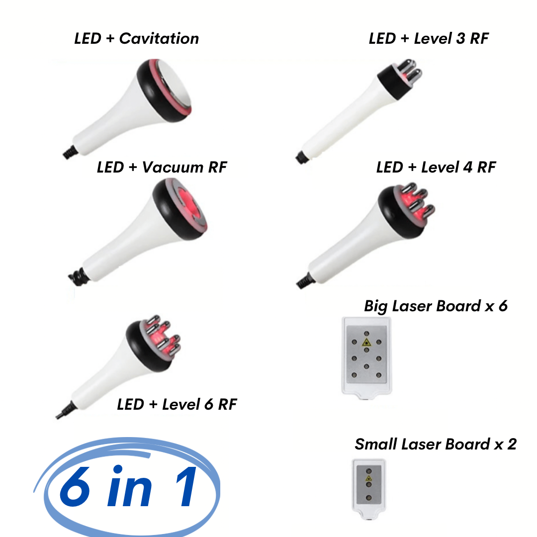 White handle probes of 6 in 1 Cavitation Machine include LED plus Cavitation, LED + Level 3 RF 