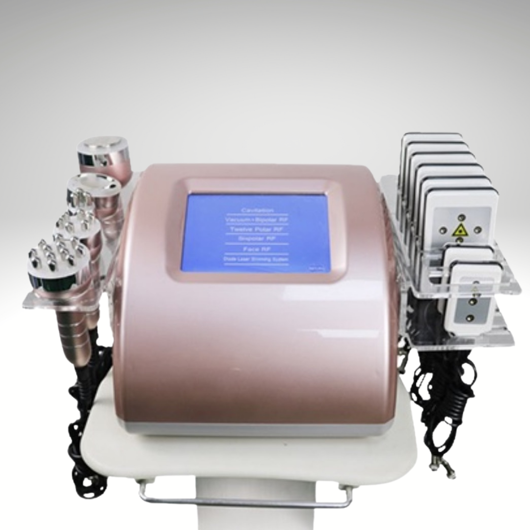 Rose Gold 6 in 1 Lipo Cavitation Machine sits on white stand