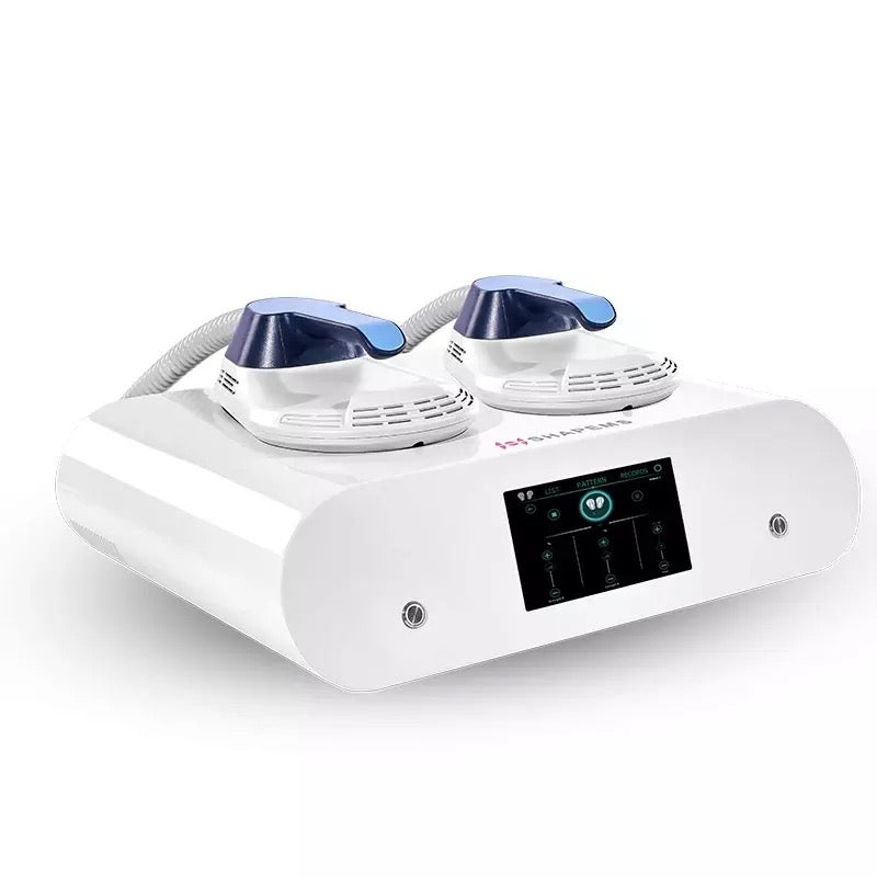 Desktop EMSculpting Machine, White and blue color, with two treatment handles 